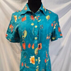 Vintage Terry Ward Dress Size 10 Green Orange Floral Button-up Rayon